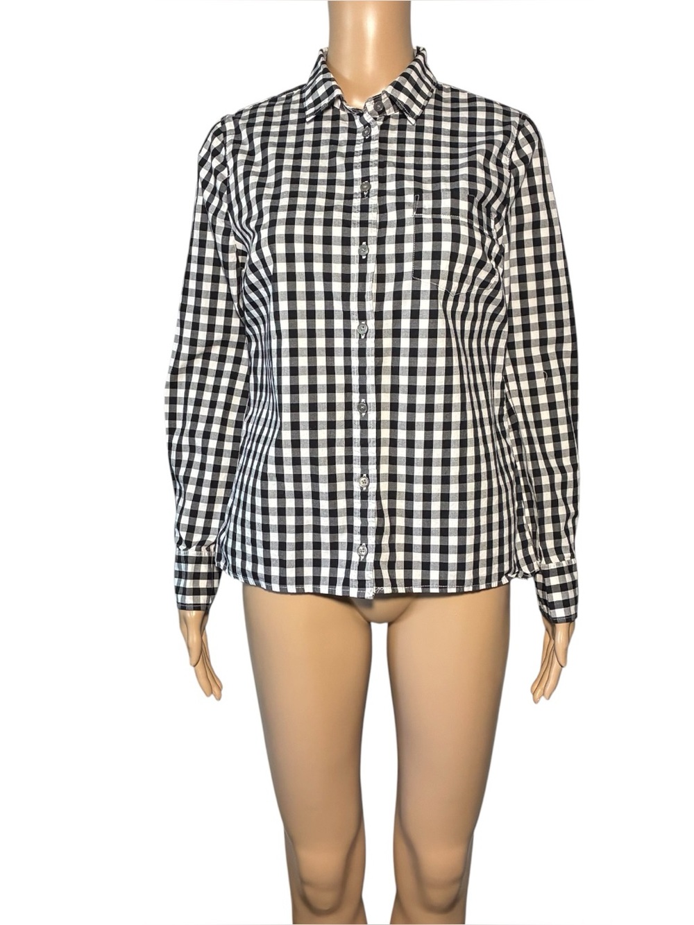 J. Crew Factory Women's Button Down Shirt S Black White Gingham Cotton Blend